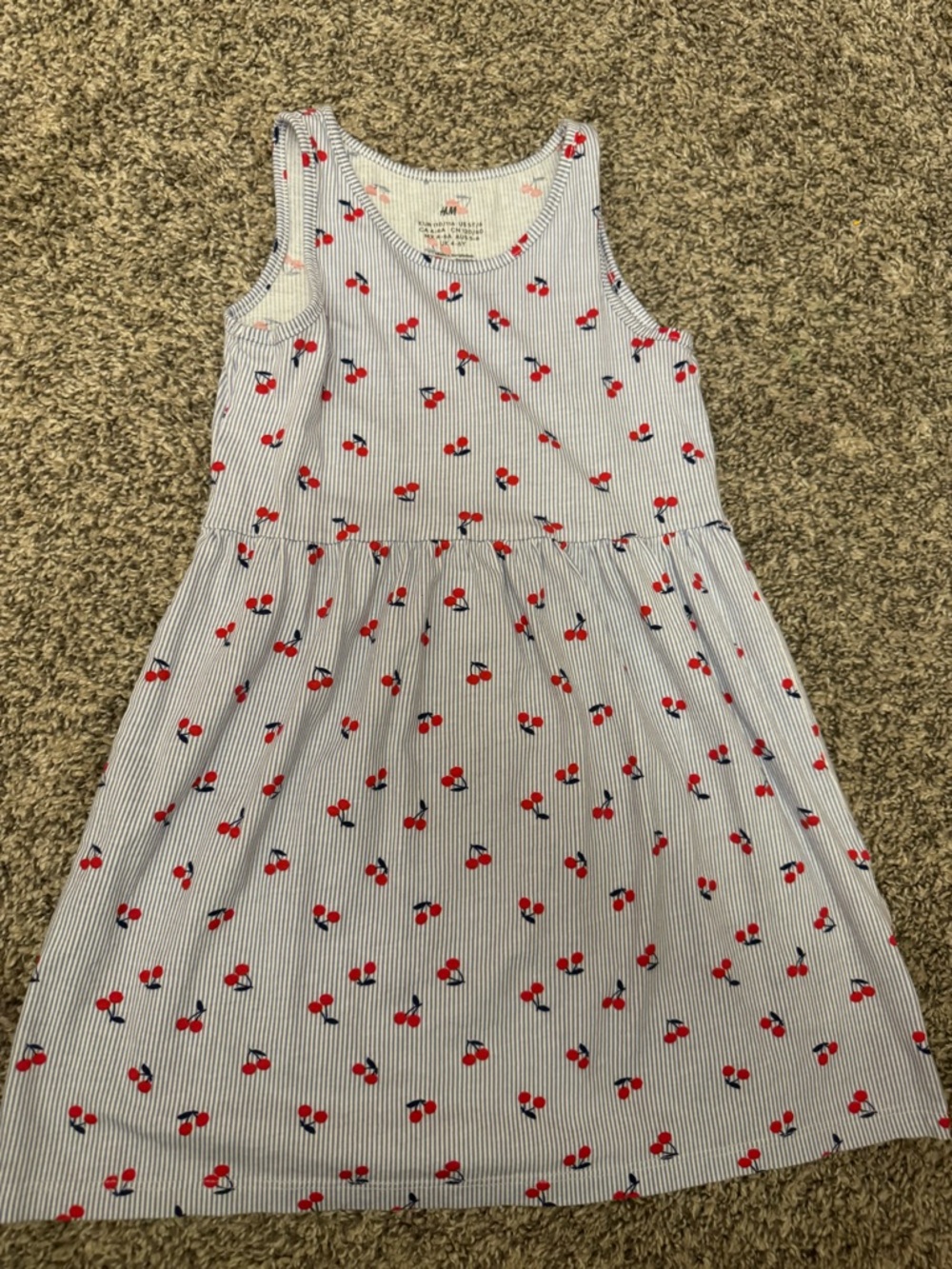 H&M White & Blue Stripe Tank Dress with Red Cherry Print